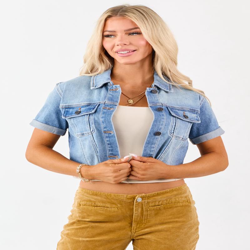Hidden Medium Wash Short Sleeve Cropped Denim Jacket