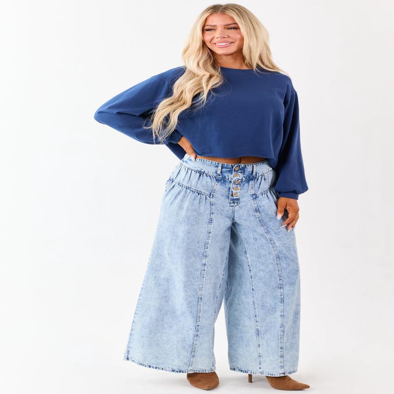 Light Acid Wash Button Fly High Rise Wide Leg Jeans