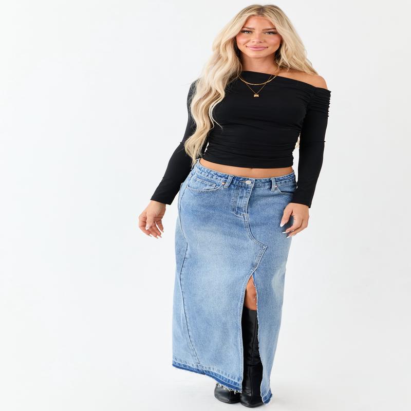 Medium Wash Denim Released Hem Maxi Skirt