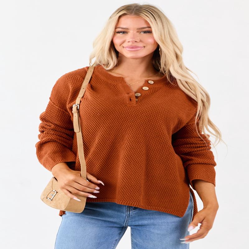 Tawny Half Button Down Textured Knit Sweater