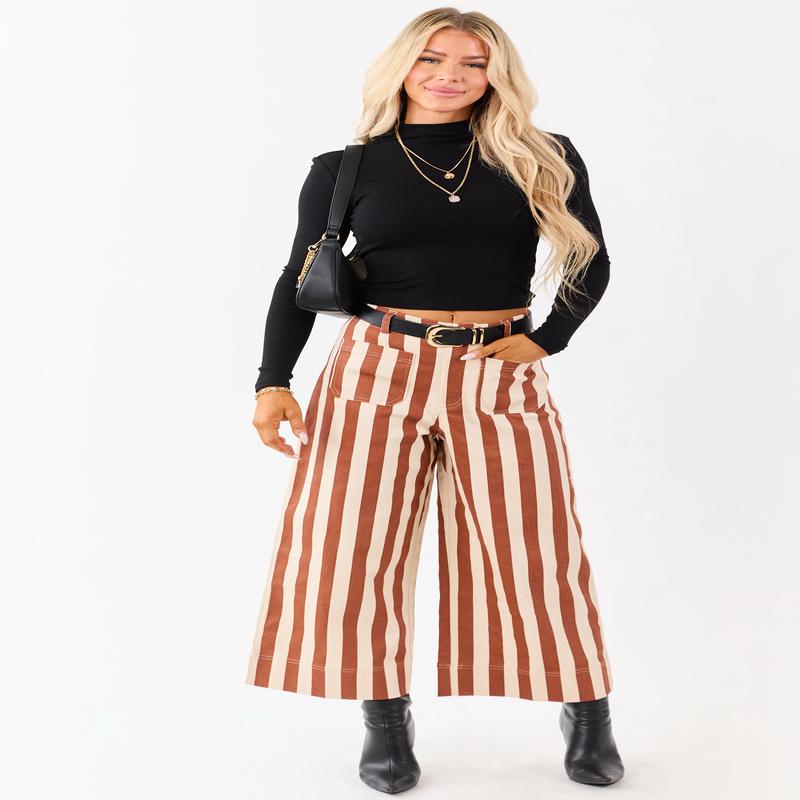 Cinnamon Striped Wide Leg Stretchy Denim Crop Pants