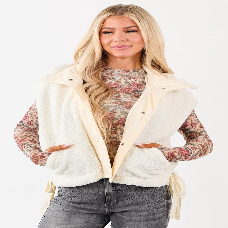 Cream Sherpa Contrast Button Down Side Tie Vest