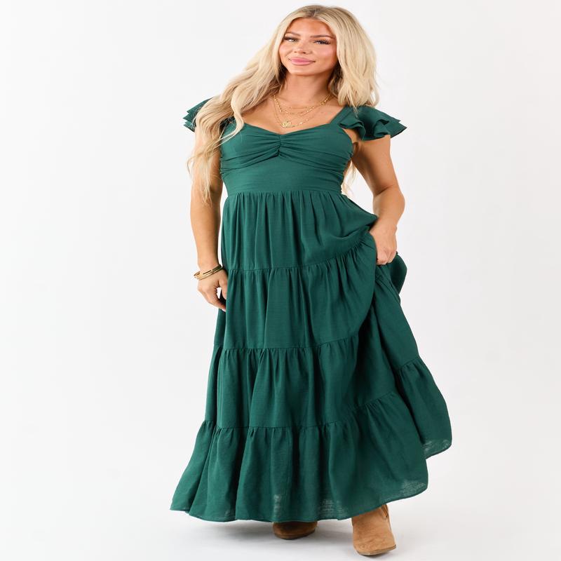 Flying Tomato Forest Green Tiered Maxi Dress