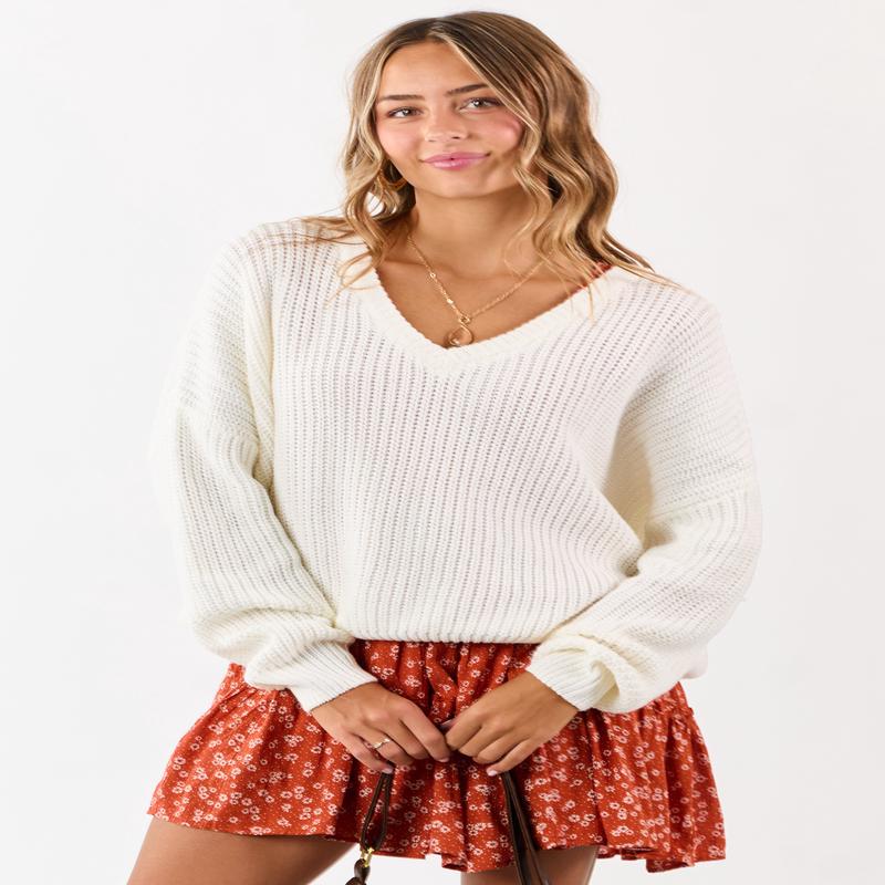 Ivory V-Neck Rib Knit Relaxed Sweater