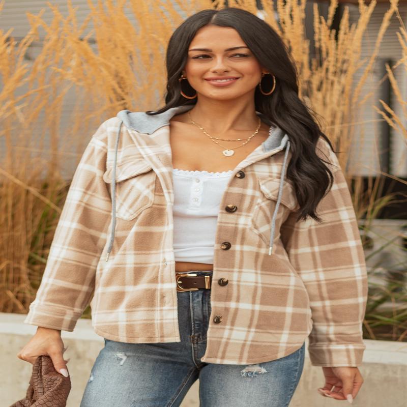 Latte Plaid Contrast Hood Button Down Fleece Jacket