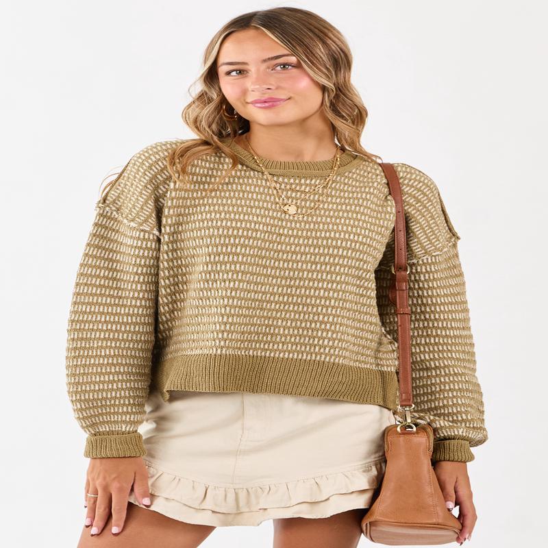 Olive and Ivory Two Toned Textured Knit Sweater