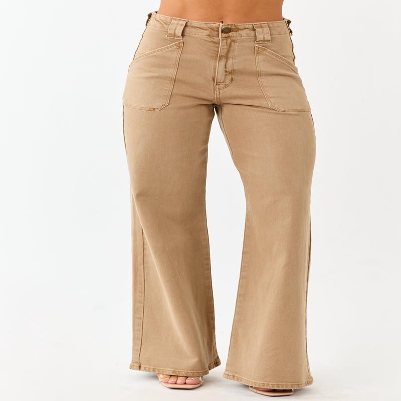 Peanut Washed Stretchy High Rise Wide Leg Jeans