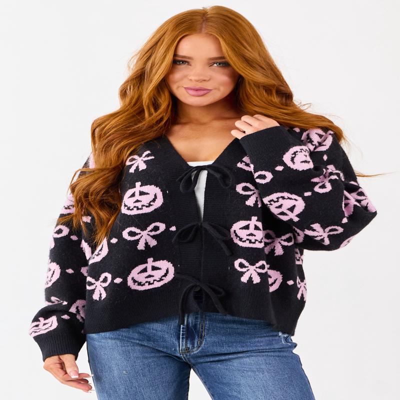 Black Halloween Pattern Tie Front Sweater Cardigan