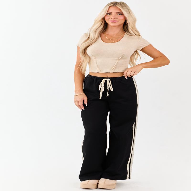 Black Lace Striped Wide Leg Drawstring Pants