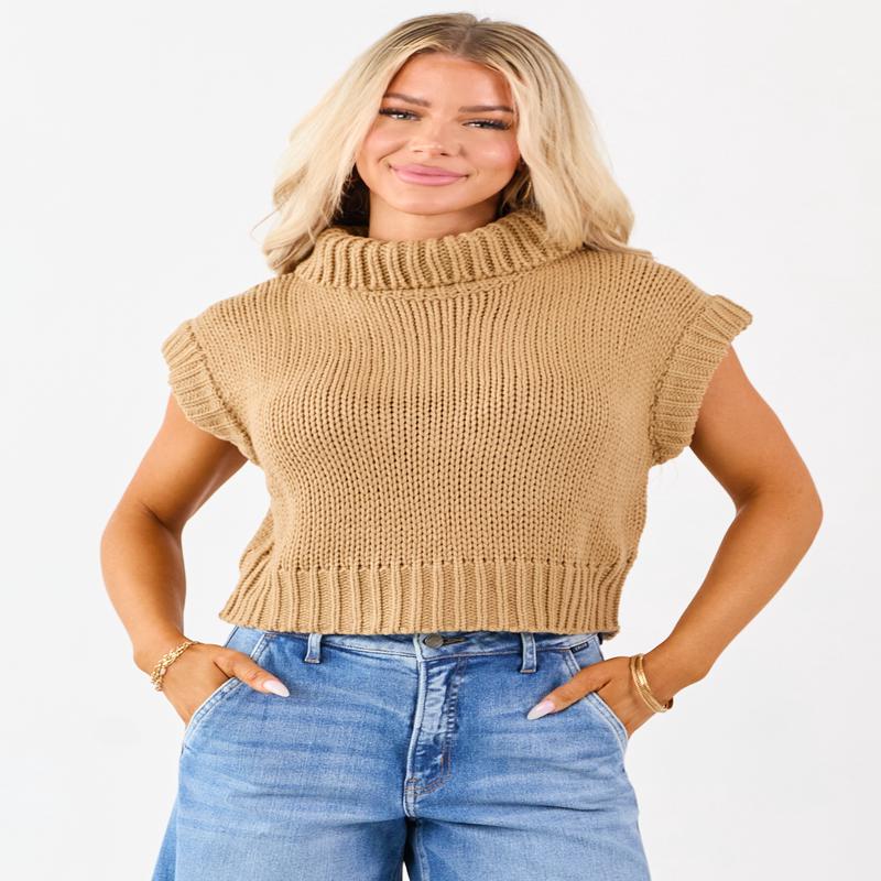 Camel Knit Turtleneck Cap Sleeve Sweater Top