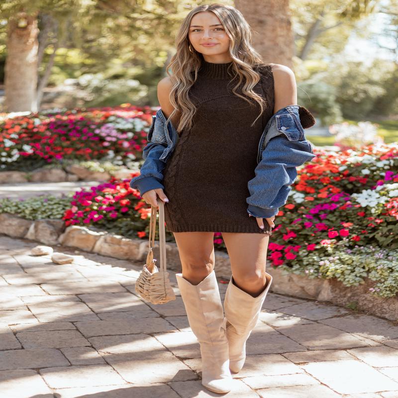 Cocoa Sleeveless Mock Neck Cable Knit Mini Dress
