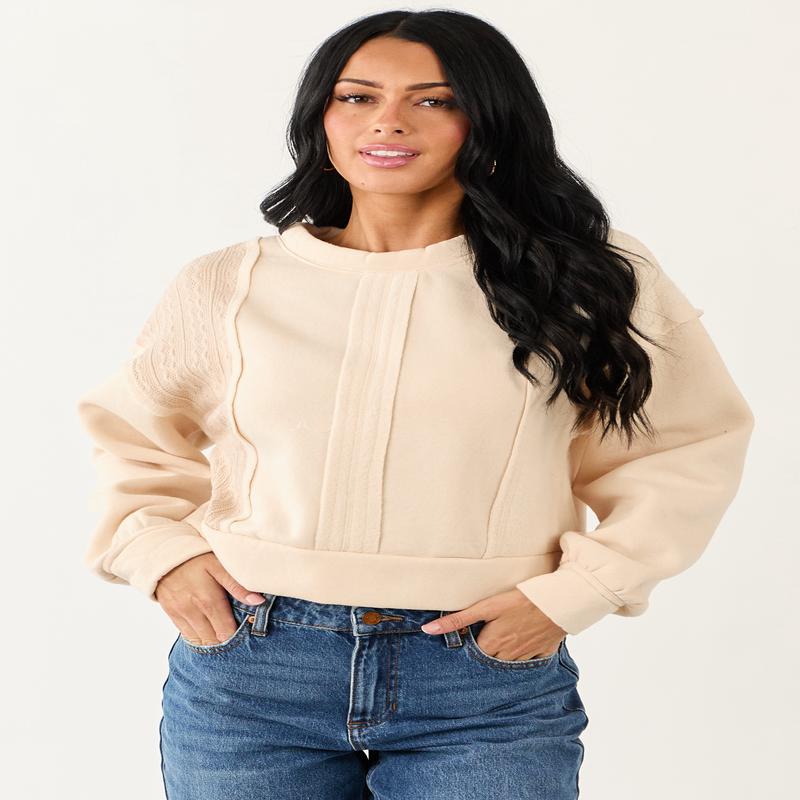 Cream Cable Knit Contrast Relaxed Pullover Sweatshirt