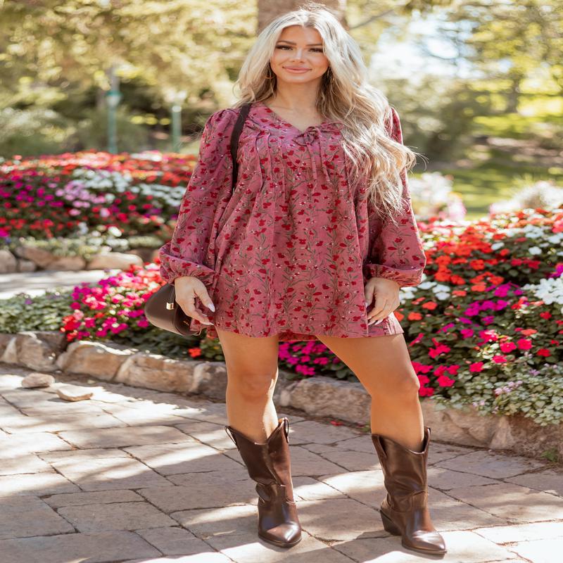 Dark Mauve Floral Corduroy Long Sleeve Mini Dress