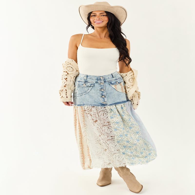 POL Medium Acid Wash Denim Patchwork Hem Maxi Skirt