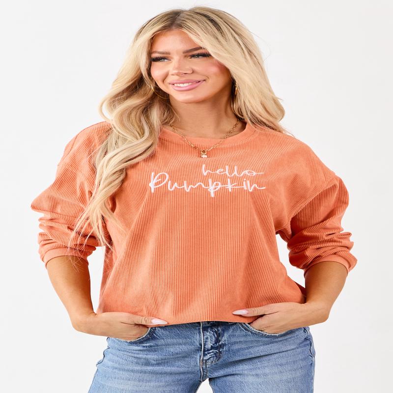 Tangerine 'Hello Pumpkin' Graphic Corduroy Sweatshirt