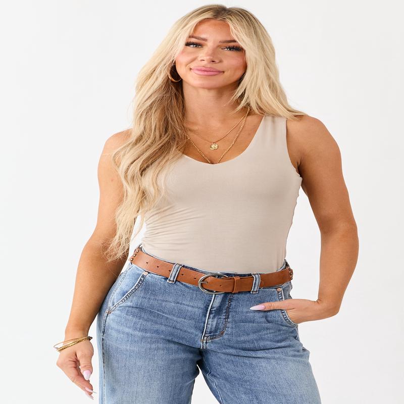 Almond Double Layer Knit V-Neck Tank Top