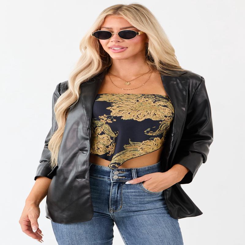 Black Faux Leather Lapel Collar Blazer