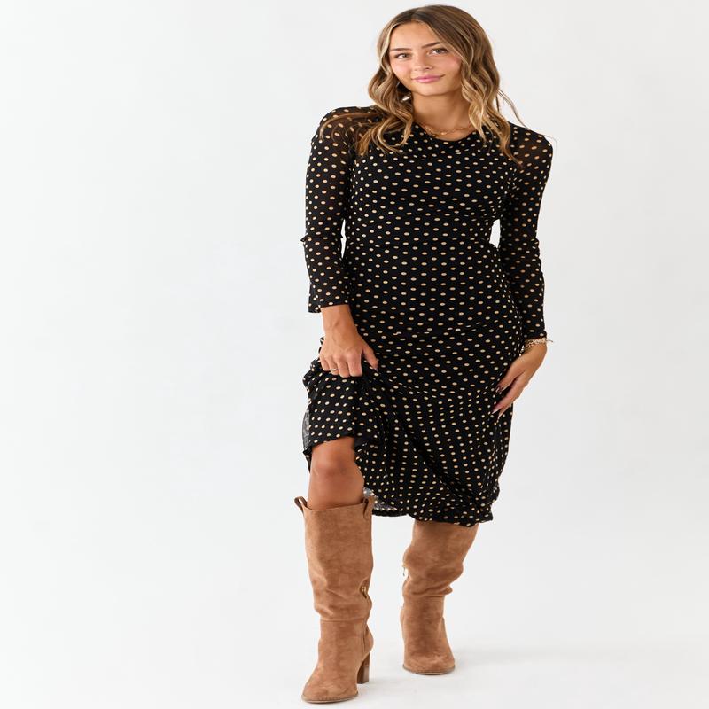 Black Polka Dot Long Sleeve Mesh Midi Dress