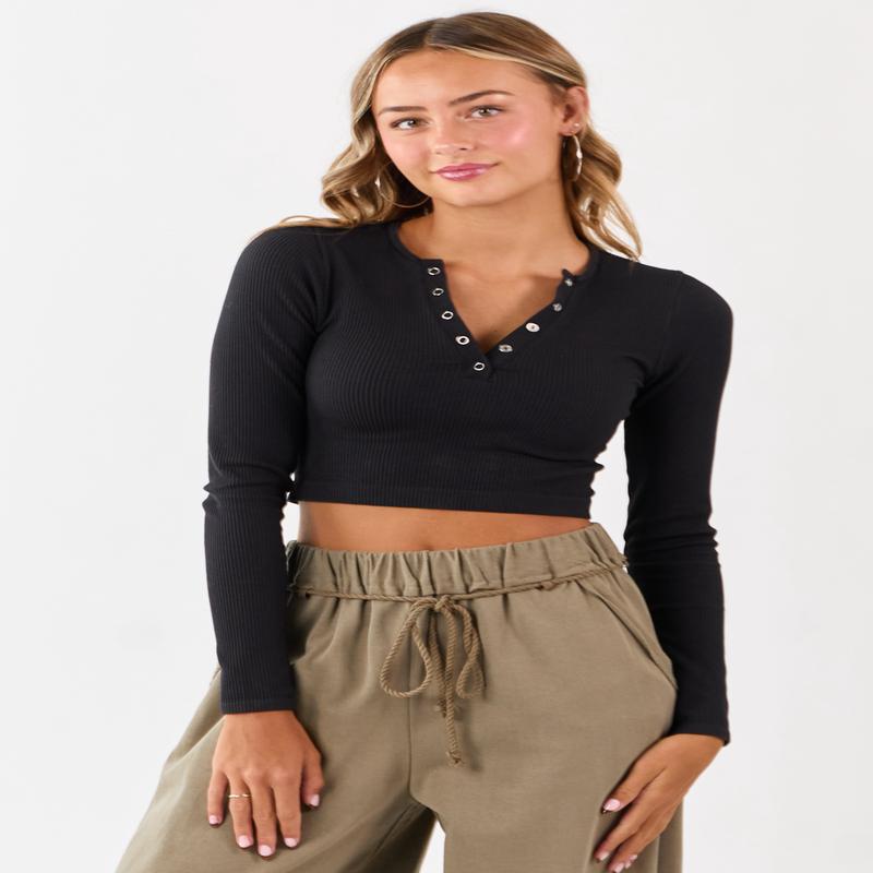 Black Rib Knit Cropped Long Sleeve Top