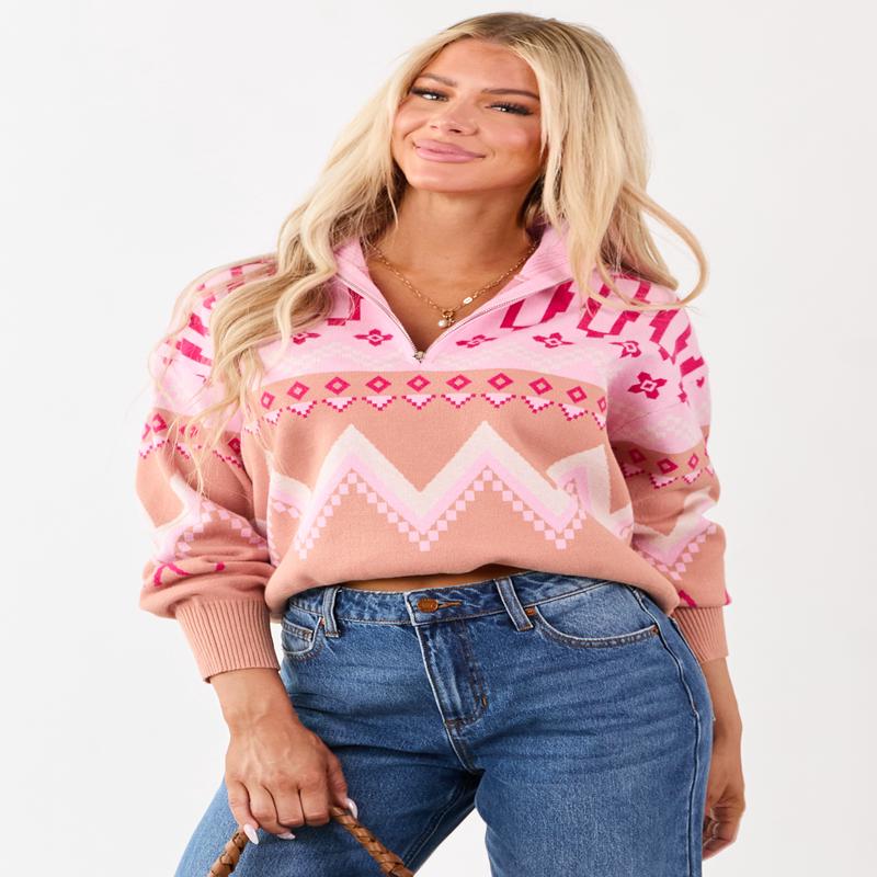 Carnation Geometric Half Zip Up Pullover Sweater