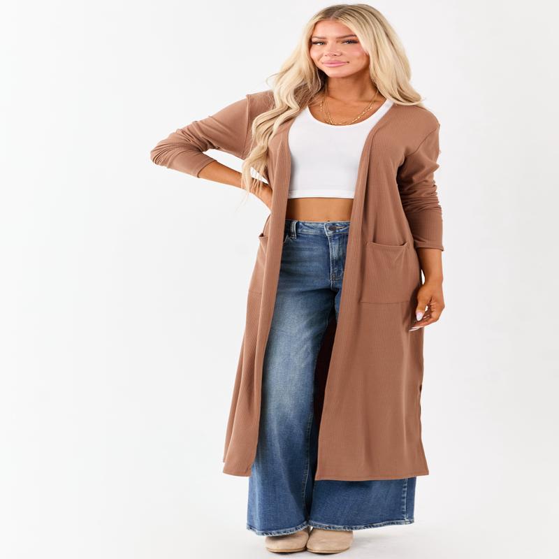 Chestnut Open Front Rib Knit Duster Cardigan