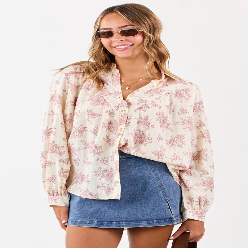 Cream Luxe Floral Print Cotton Button Up Top