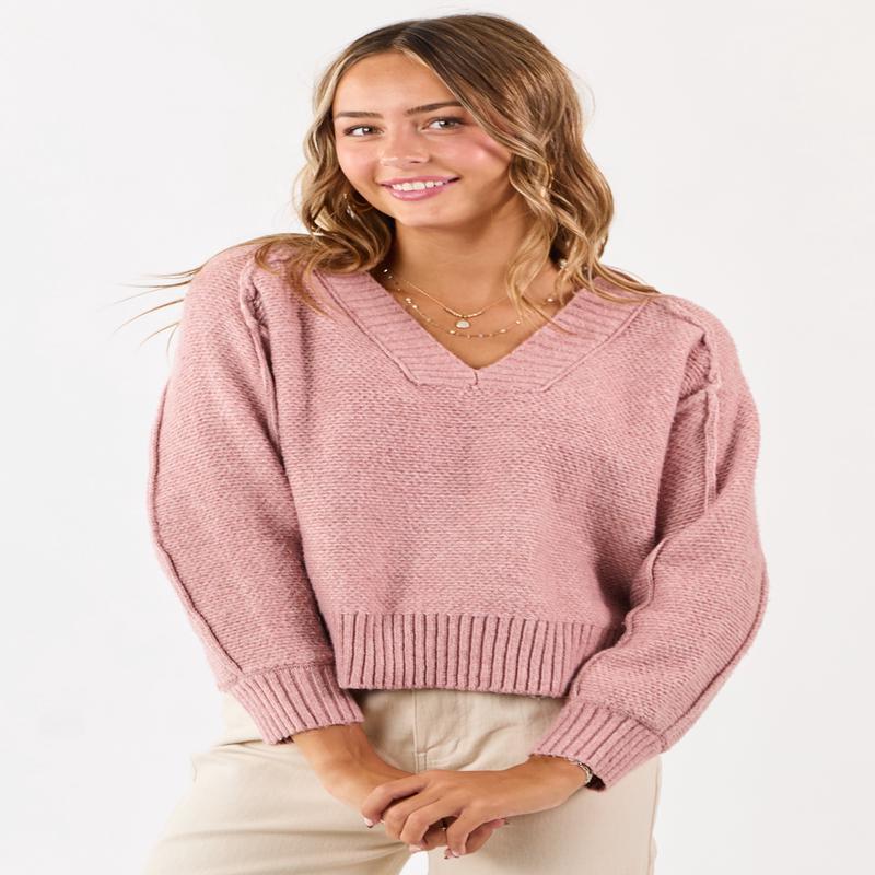 Dusty Rose V-Neck Ribbed Trim Relaxed Sweater