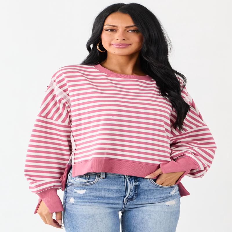 Hibiscus and Ivory Striped Relaxed Sweatshirt