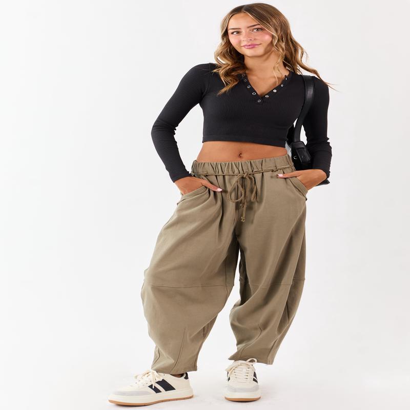 Olive Waist Tie Barrel Style Cotton Sweatpants