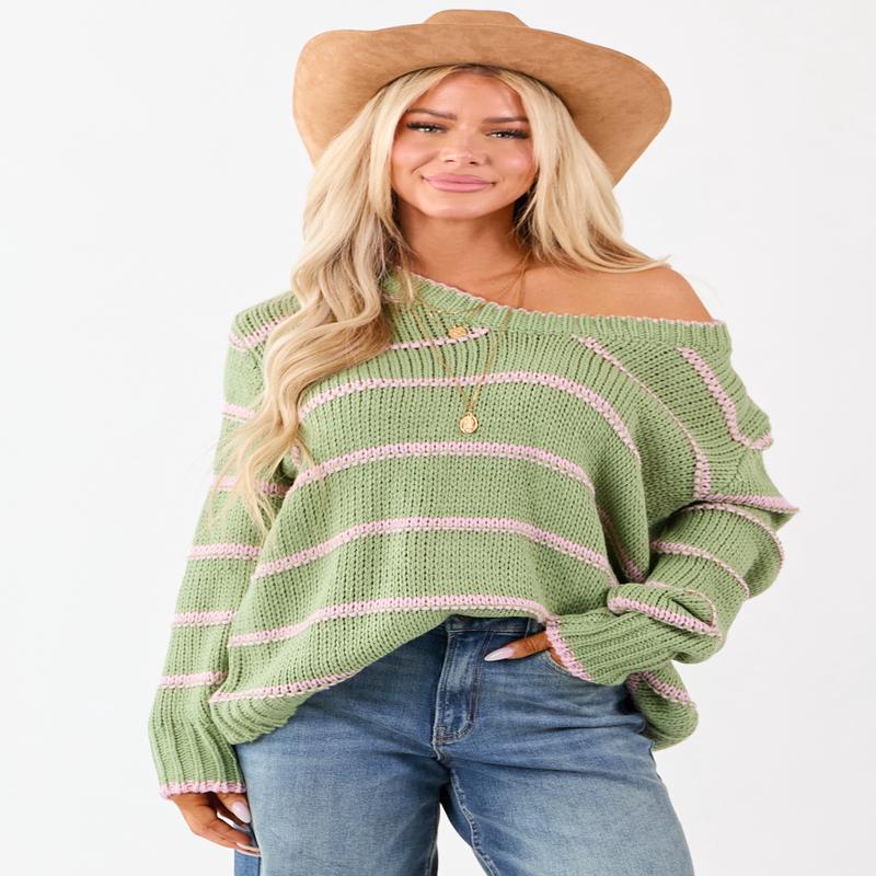 Sage Striped V-Neck Knit Pullover Sweater