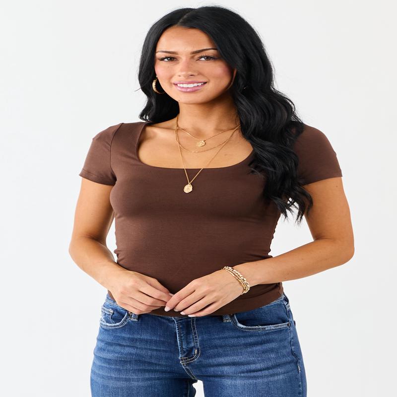 Sepia Soft Knit Double Layer Short Sleeve Fitted Top