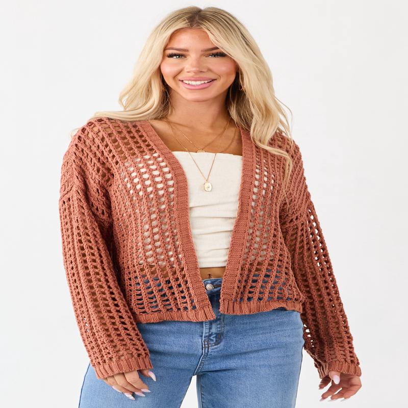 Terracotta Crochet Knit Open Front Cardigan