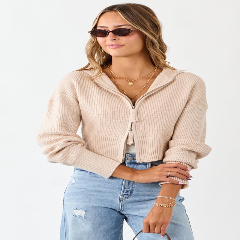 Almond Rib Knit Flat Collar Zip Up Sweater Jacket