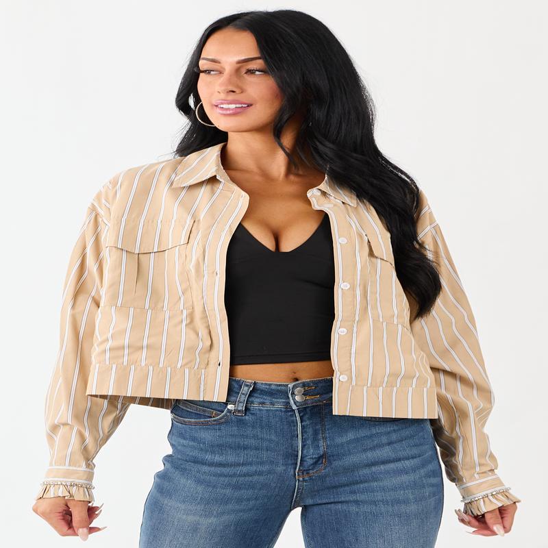 Beige Striped Button Up Long Sleeve Cotton Top