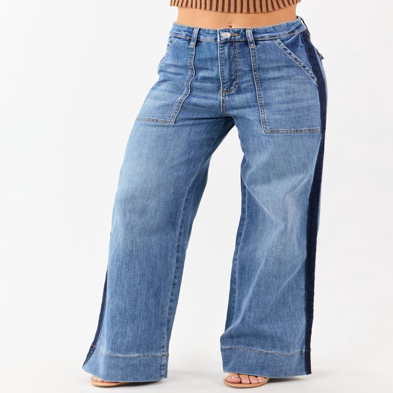 Mica Denim Medium Wash Tux Style Wide Stretchy Jeans