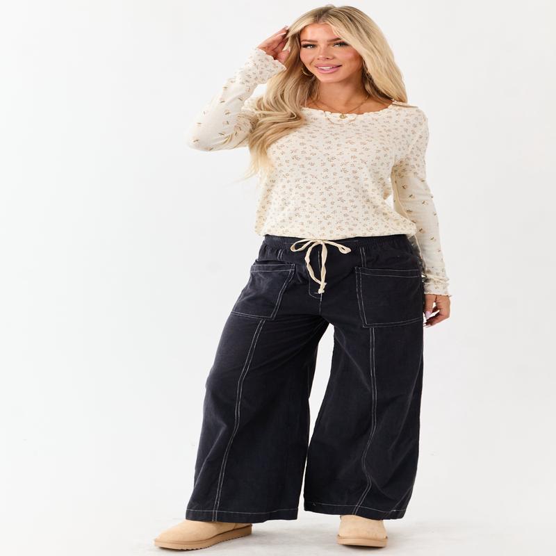 Navy Washed Corduroy Smocked Waist Wide Leg Pants