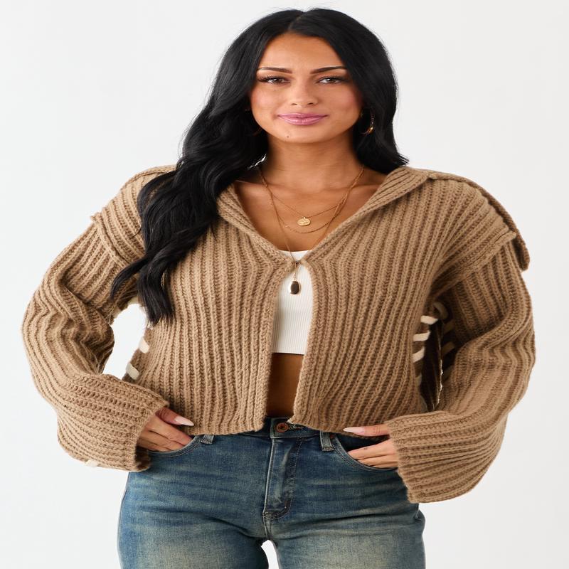 Peanut Contrast Stitching Rib Knit Cardigan