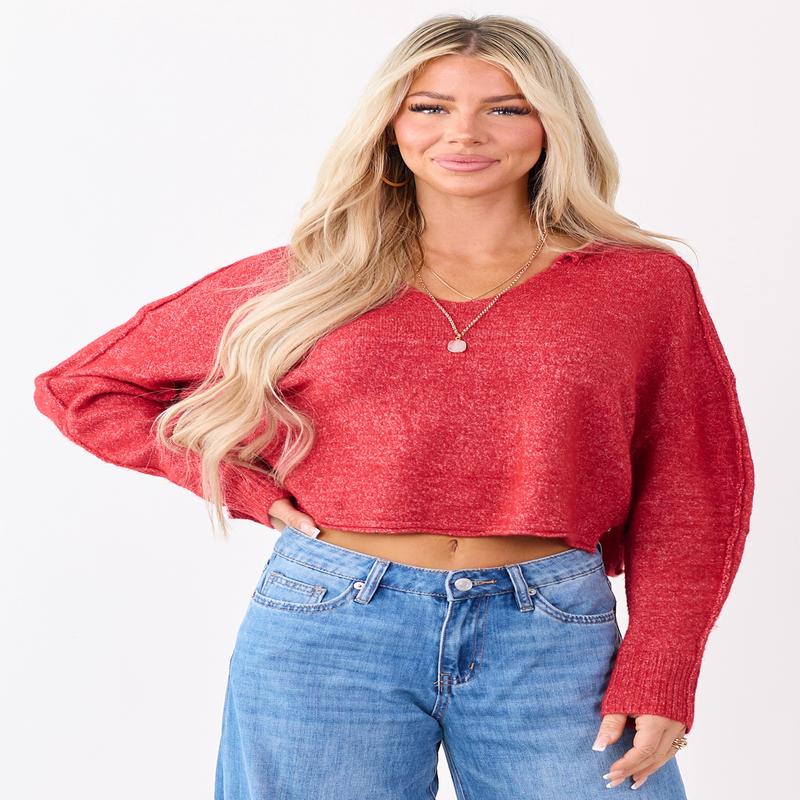 Scarlet Cropped V-Neck Wool Blend Boxy Sweater