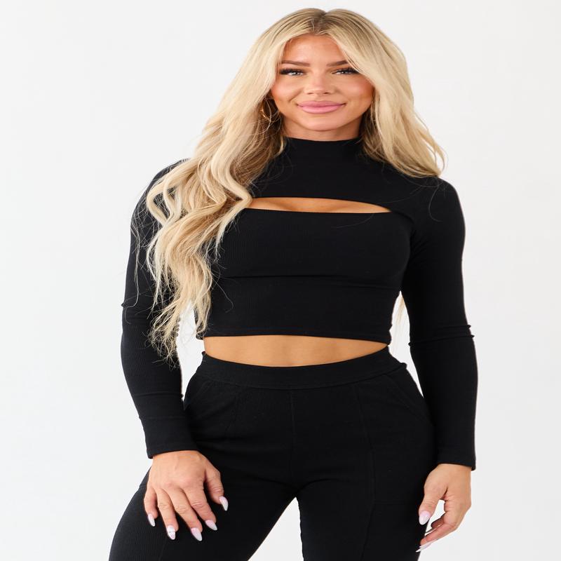 Black Front Cut Out Mock Neck Cropped Top