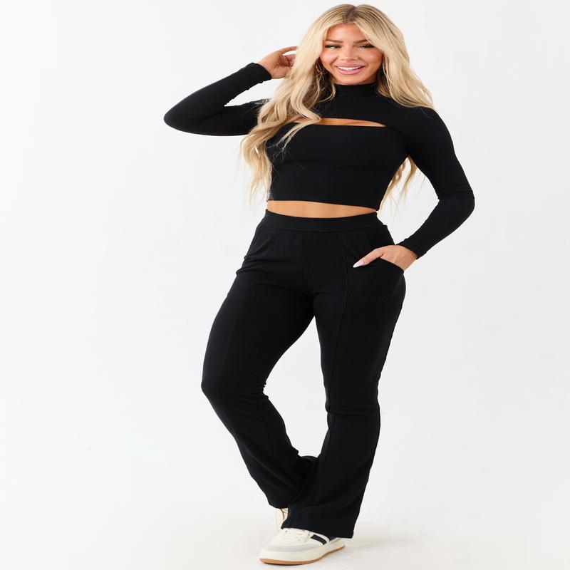 Black Textured Knit High Waist Flare Leggings