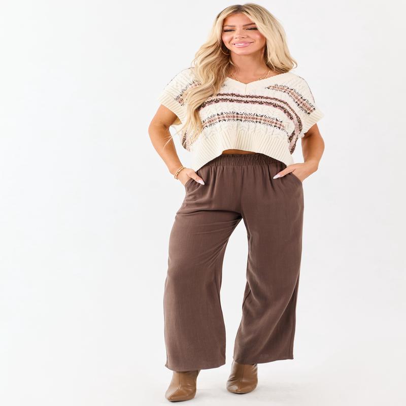 Coffee Smocked Waistband Wide Leg Linen Blend Pants