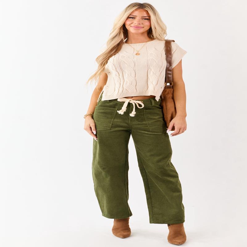 Deep Olive Corduroy Relaxed Wide Leg Waist Tie Pants