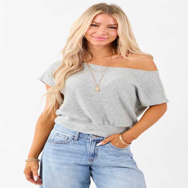 Dove Grey One Shoulder Relaxed Soft Knit Top