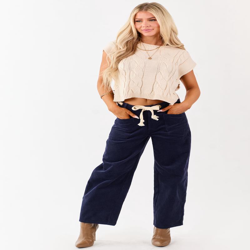 Faded Navy Corduroy Relaxed Wide Leg Waist Tie Pants