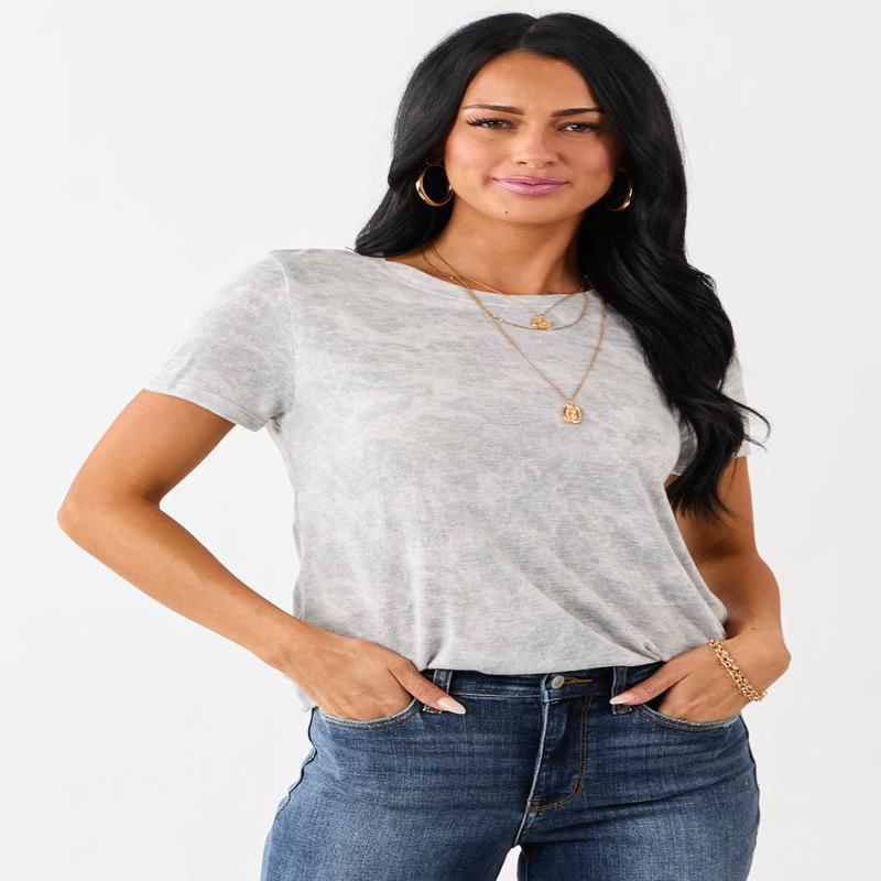 Heather Grey Faded Camo Print Short Sleeve Top