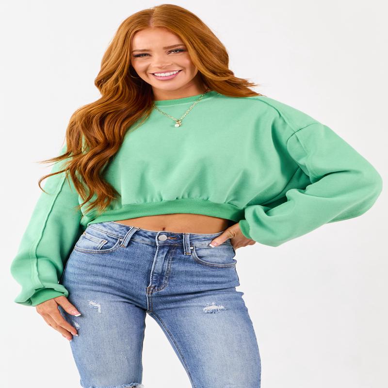 Kelly Green Cropped Boxy Crew Neck Sweatshirt
