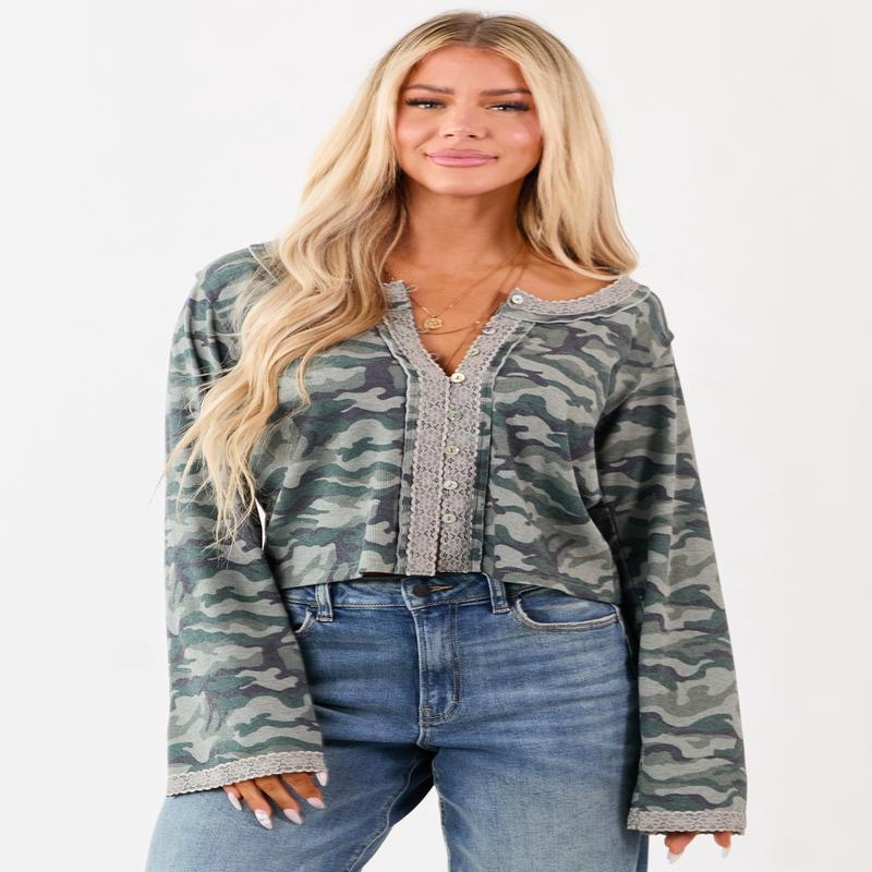 POL Sage Camo Print Button Down Long Sleeve Top