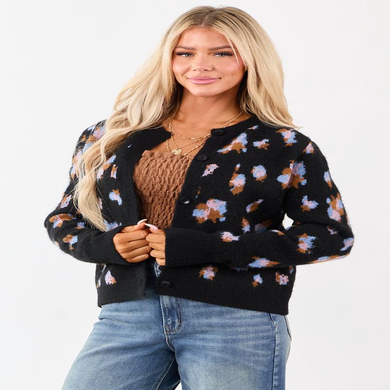 Black Floral Button Up Wool Blend Knit Cardigan