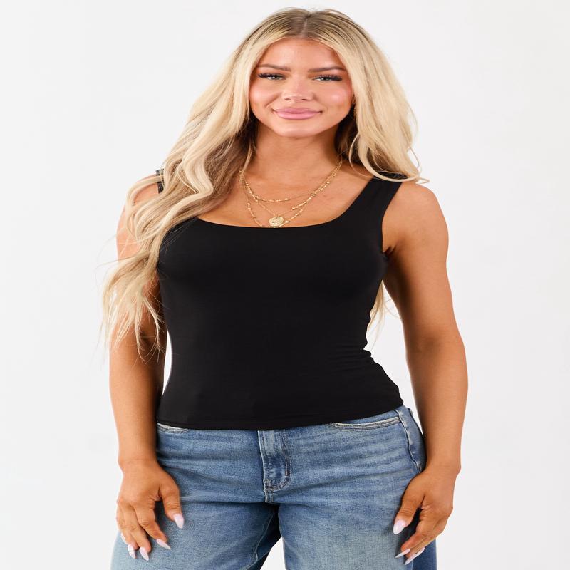 Black Square Neck Double Layer Knit Tank Top