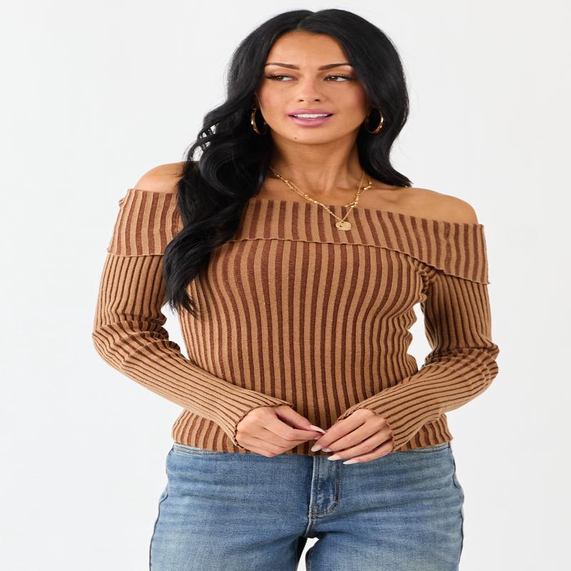 Brown Sugar Off the Shoulder Fitted Rib Knit Top